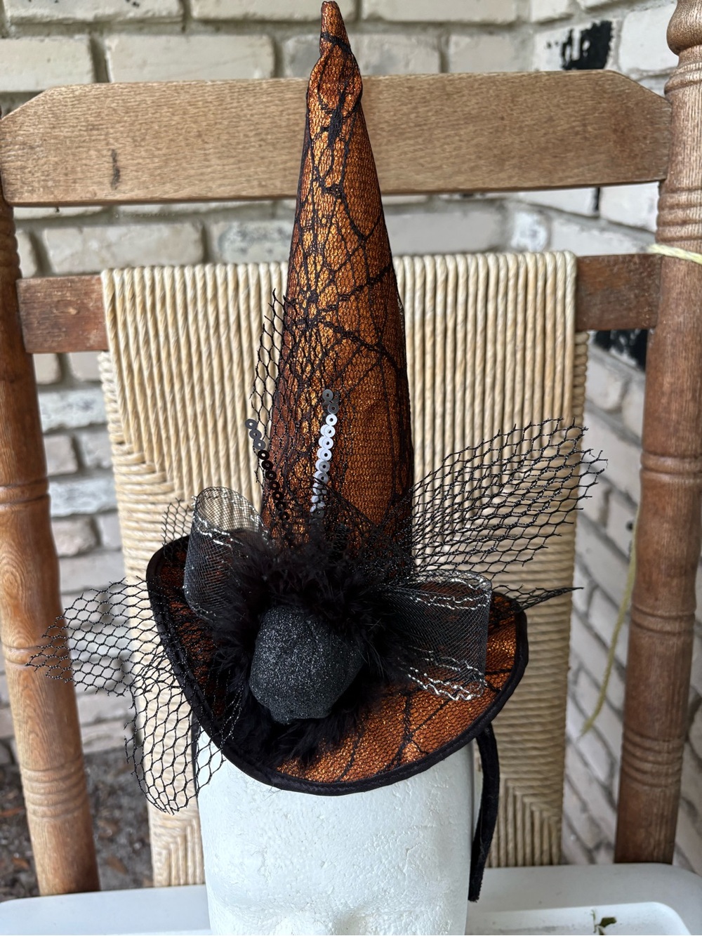 Halloween Orange and Black mini cone Witch Hat Headband with skull